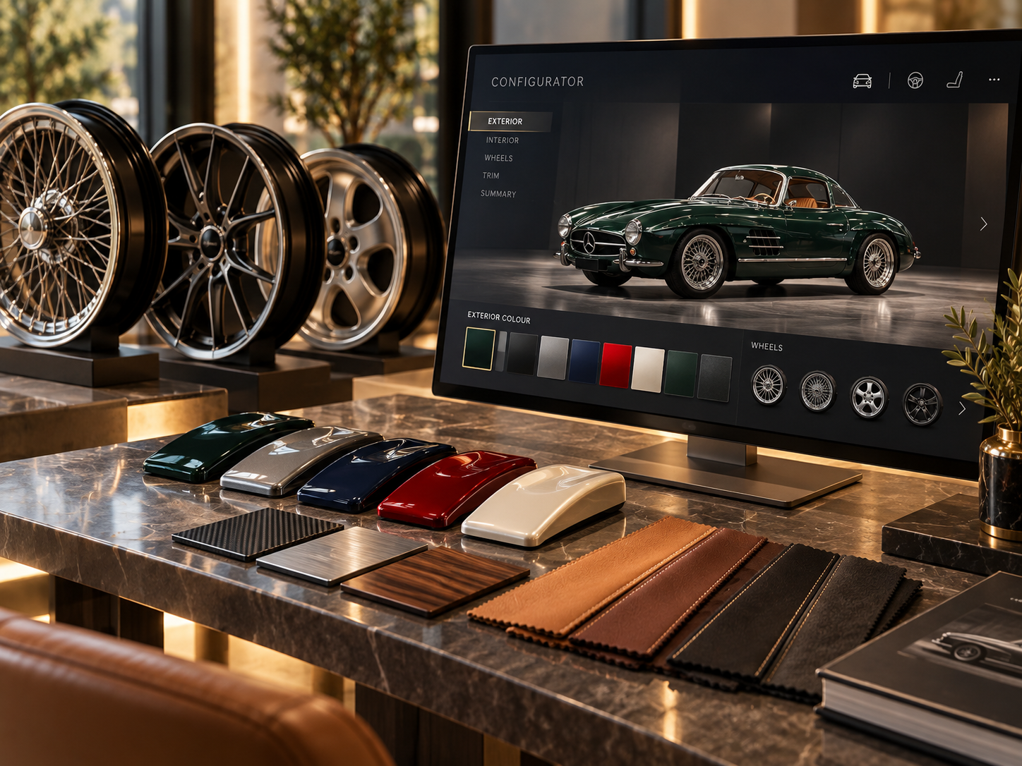 Materials, wheels and samples in the atelier