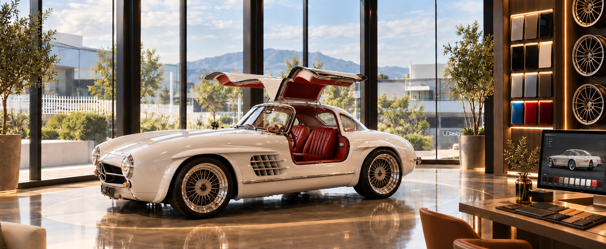White Gullwing with gullwing doors open in the atelier showroom