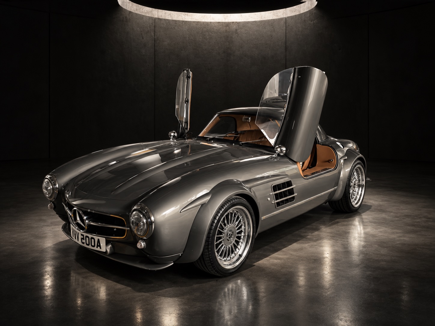 Montmarque car with gullwing doors raised, seen from the front