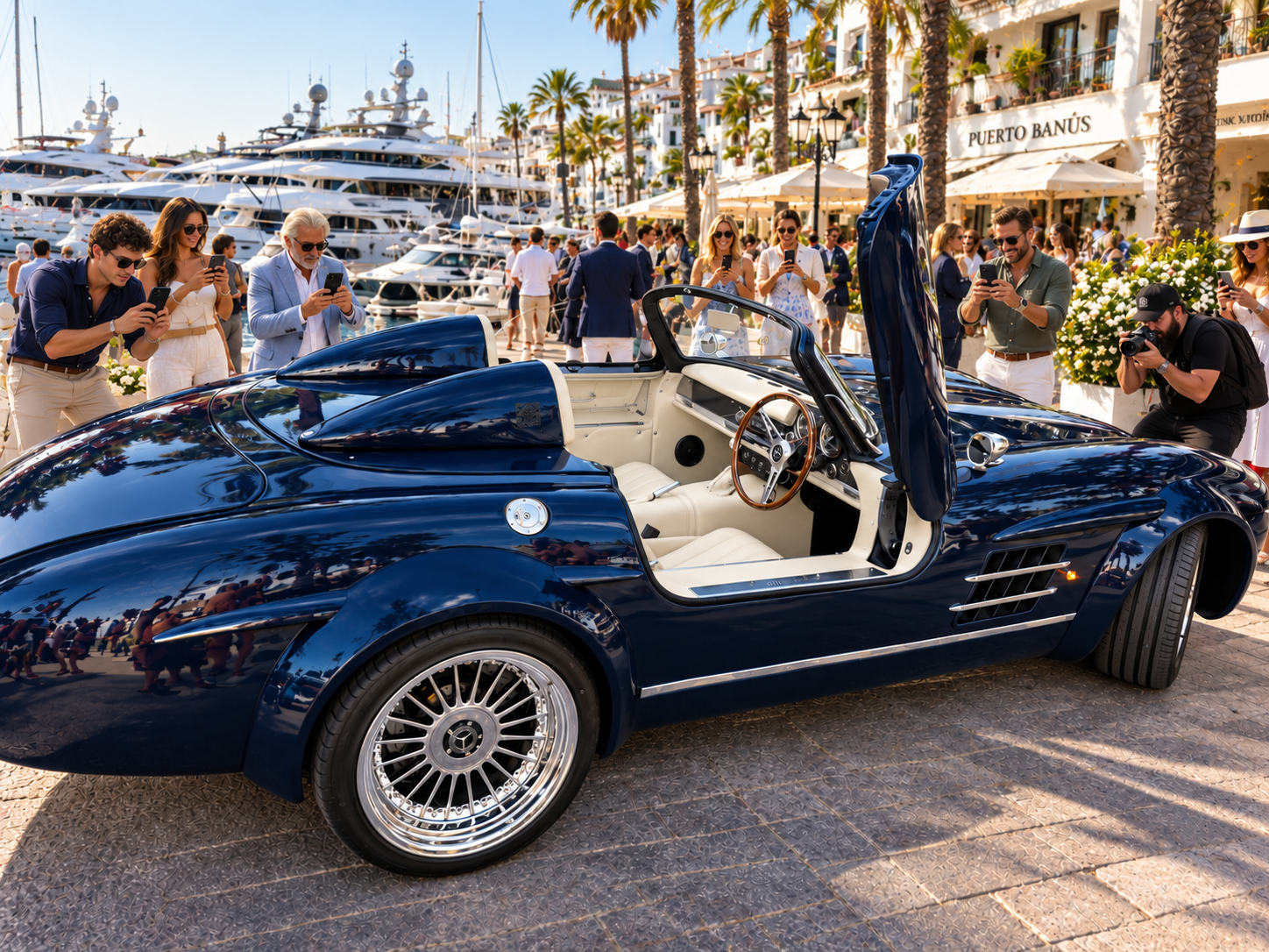 Navy blue Speedster with gullwing door raised at Puerto Banús