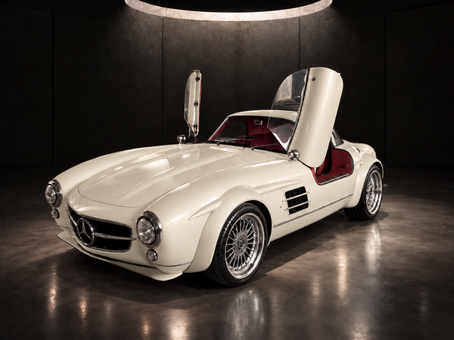 Ivory Gullwing with gullwing doors raised in the showroom