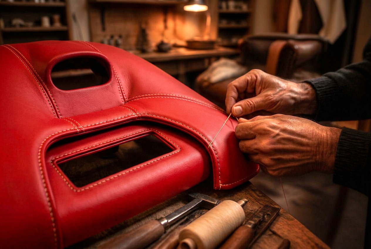 Hand-stitching a red leather dashboard panel