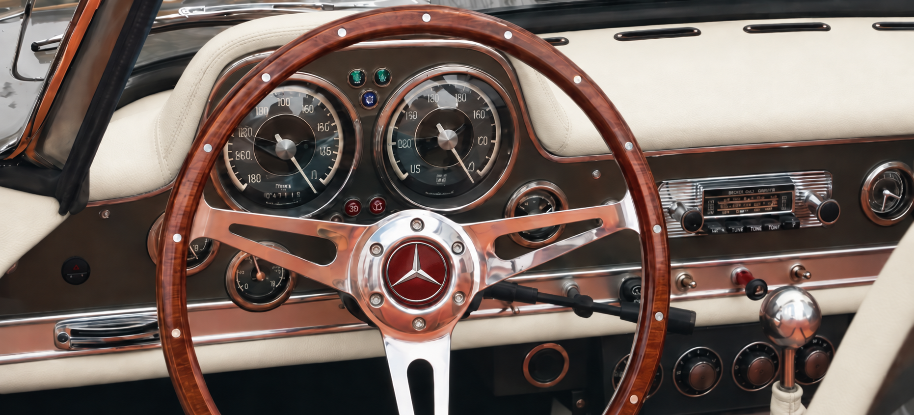 Ivory leather 300SL dashboard and wooden steering wheel