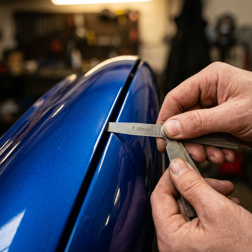 Measuring a panel gap on sapphire blue bodywork