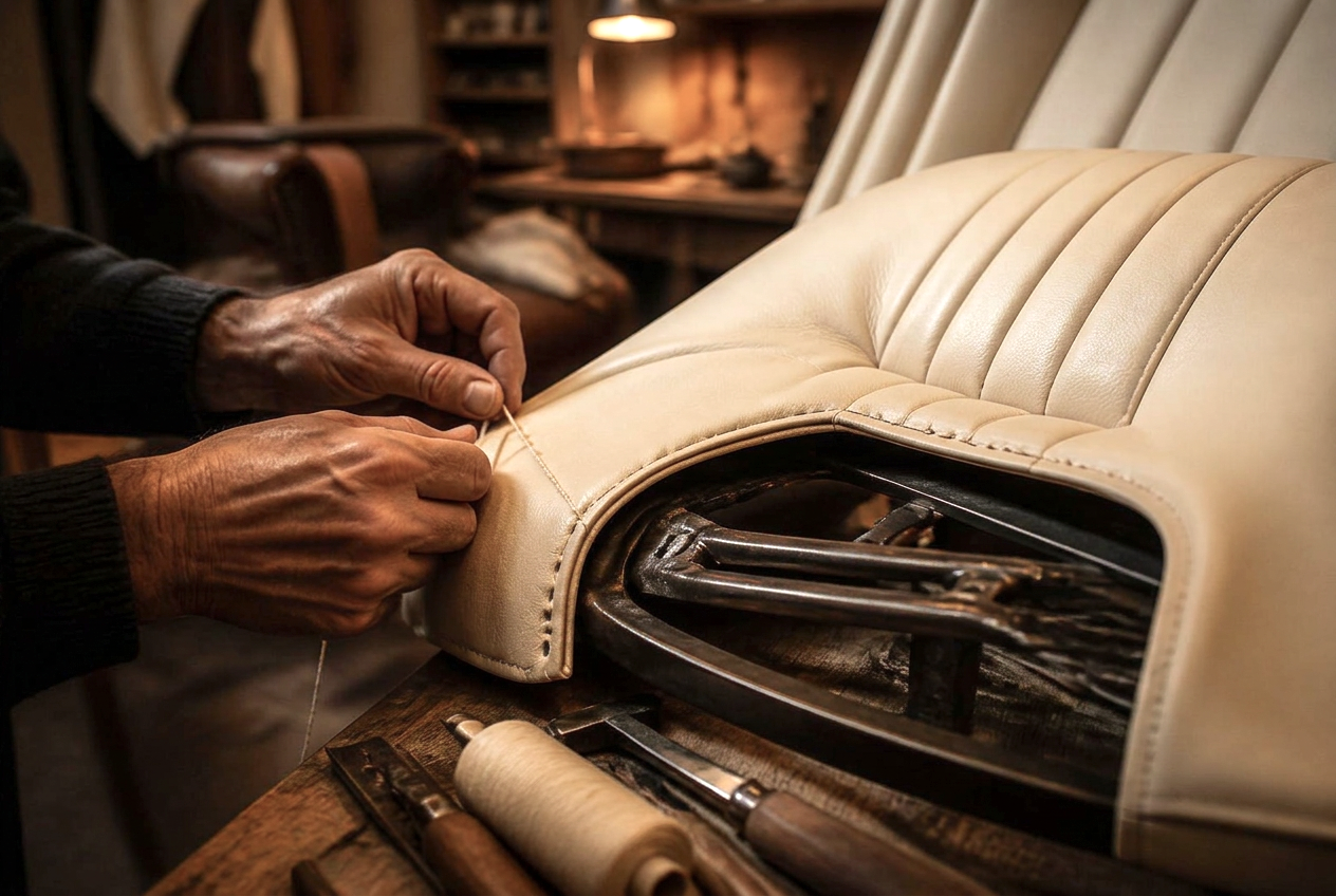 Hand-stitching ivory leather