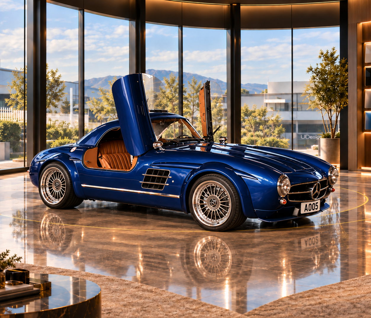 Sapphire 300SL Speedster with gullwing doors open in the showroom