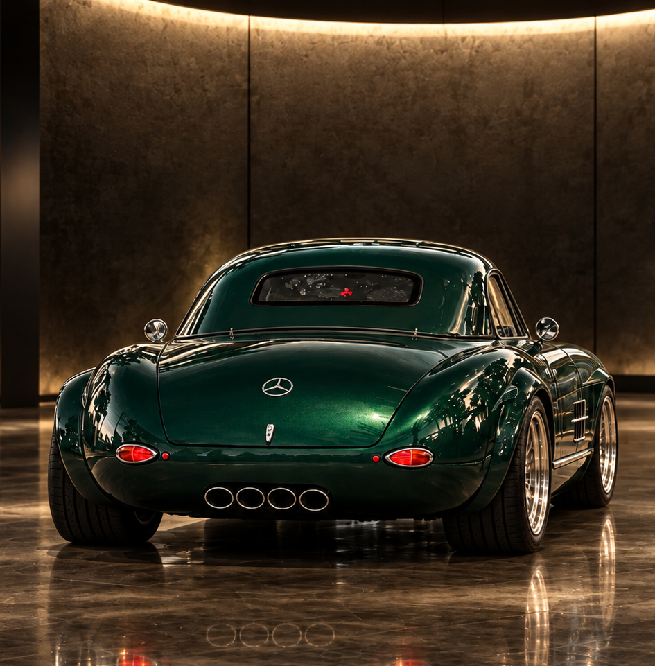 Montmarque Gullwing rear view in a warmly lit showroom
