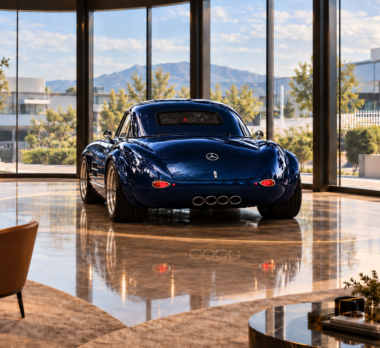 Montmarque Gullwing rear view in the sunlit atelier showroom