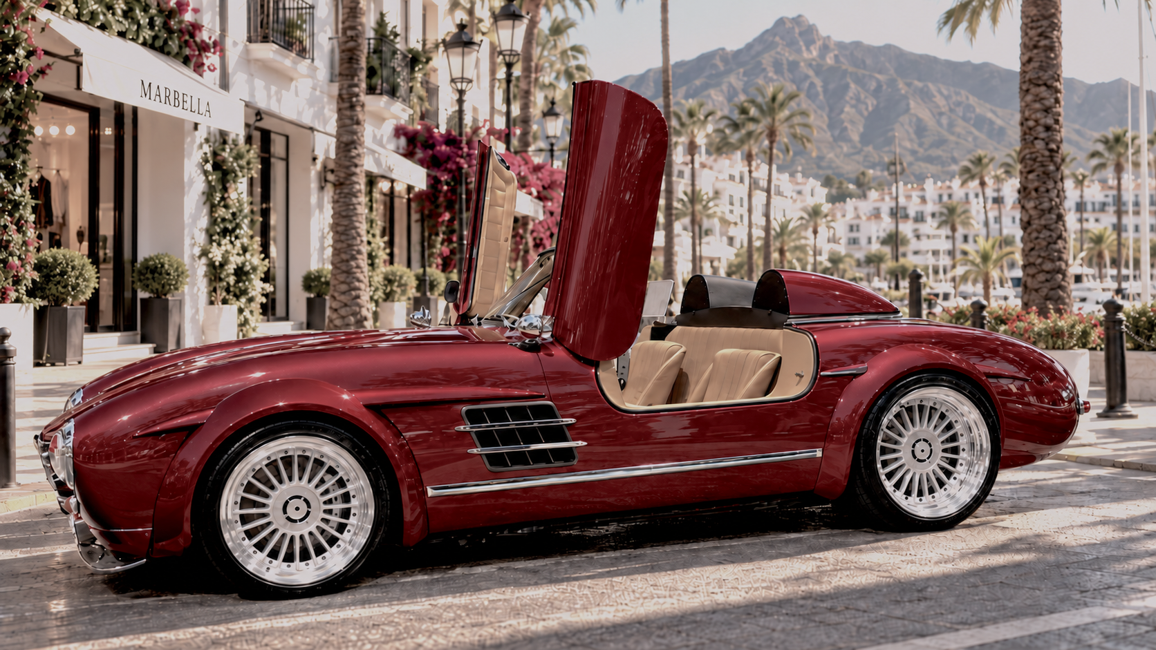 Montmarque Speedster with gullwing doors open in Marbella
