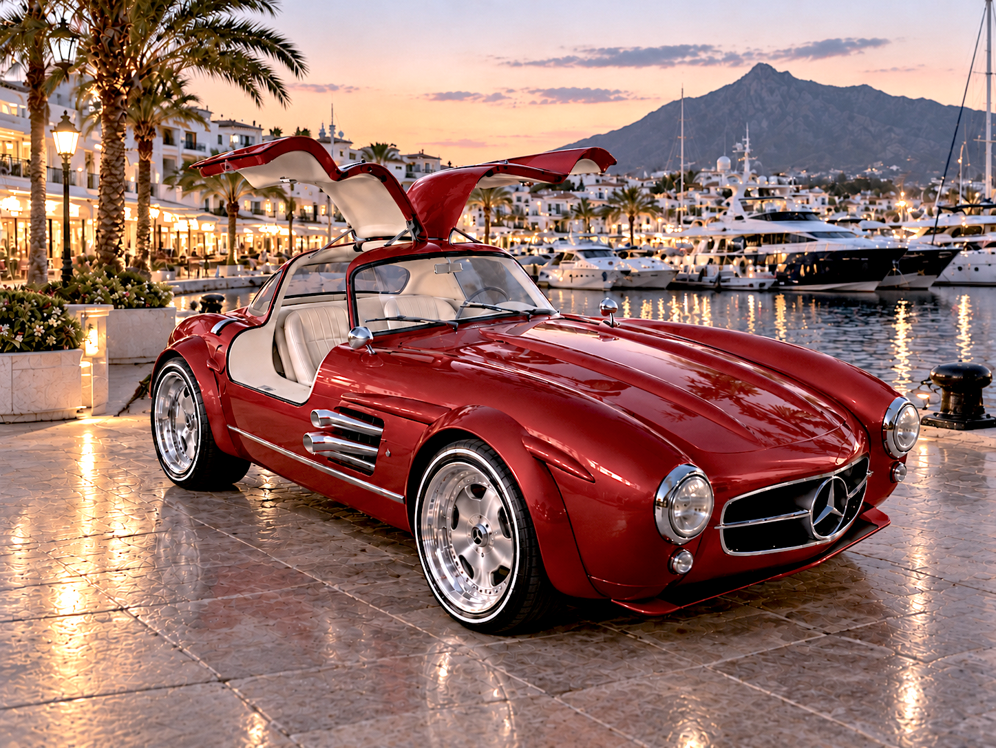Red Gullwing with gullwing doors raised at sunset by the sea
