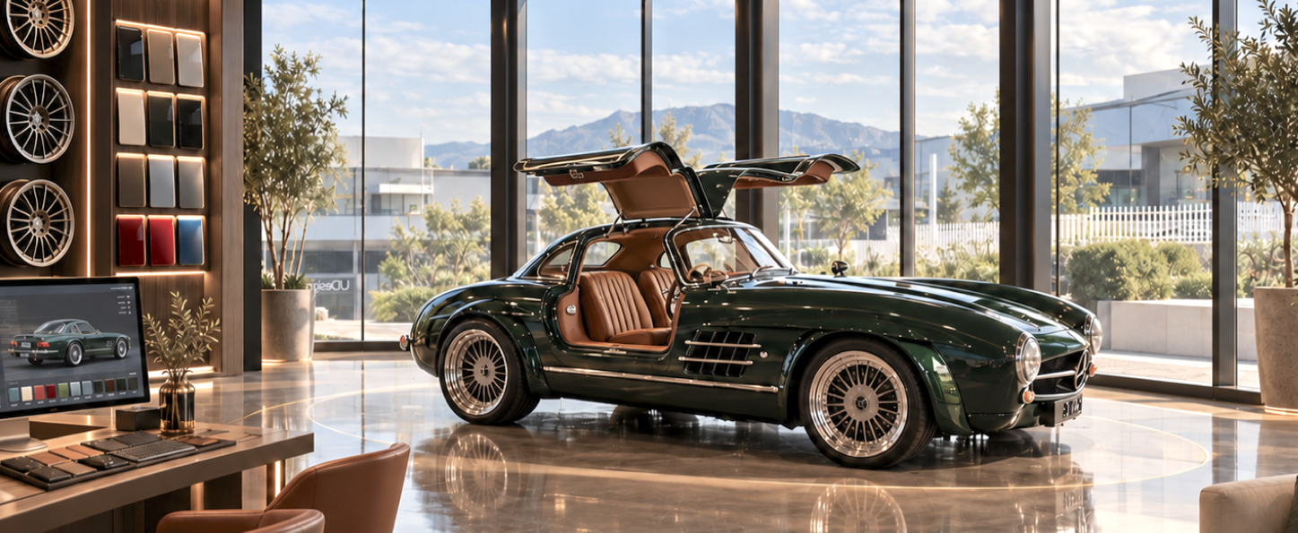 Montmarque 300SL Gullwing with doors open in the atelier